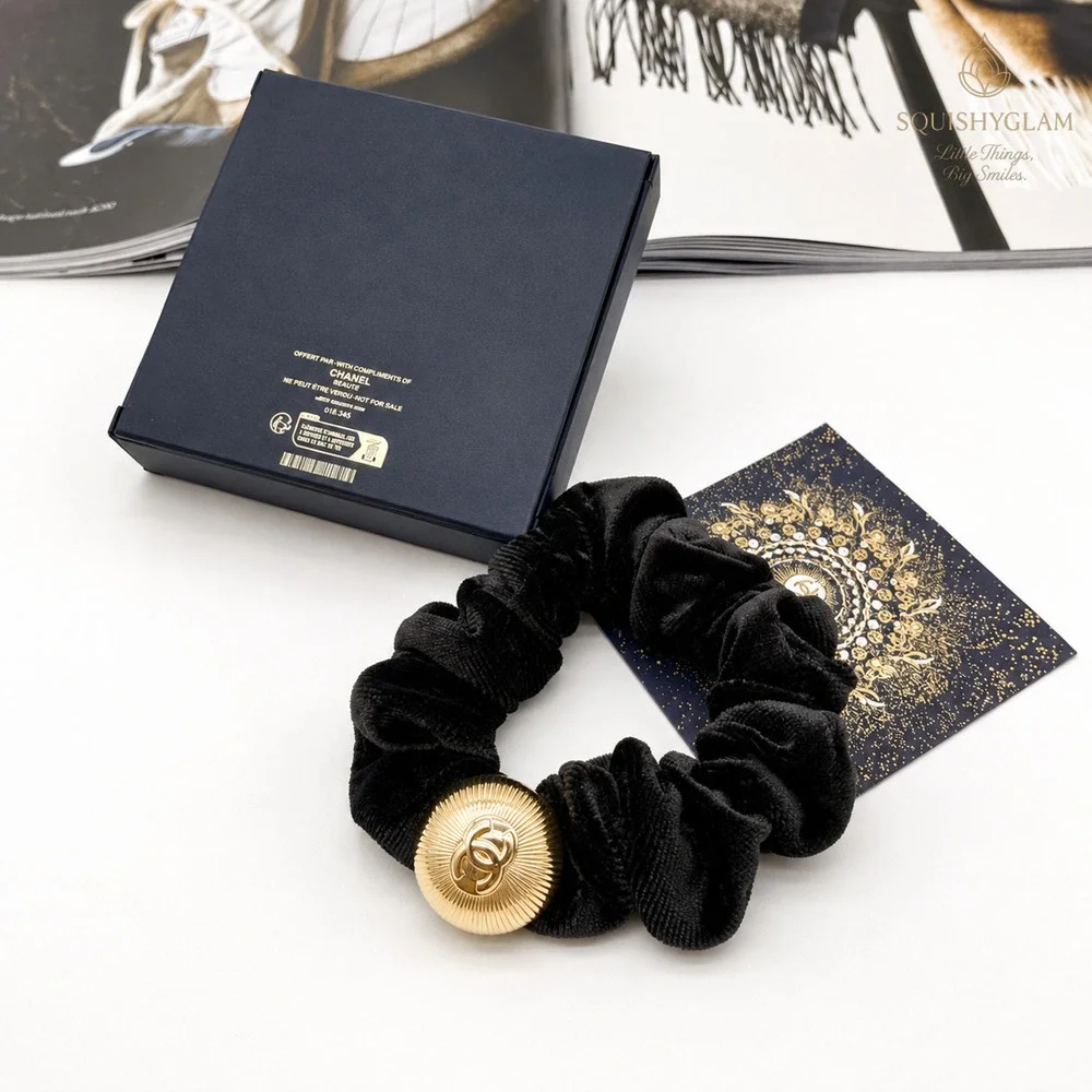 Chanel Beaute VIP Christmas Velvet Scrunchie Gold CC Medallion Hair Tie NIB